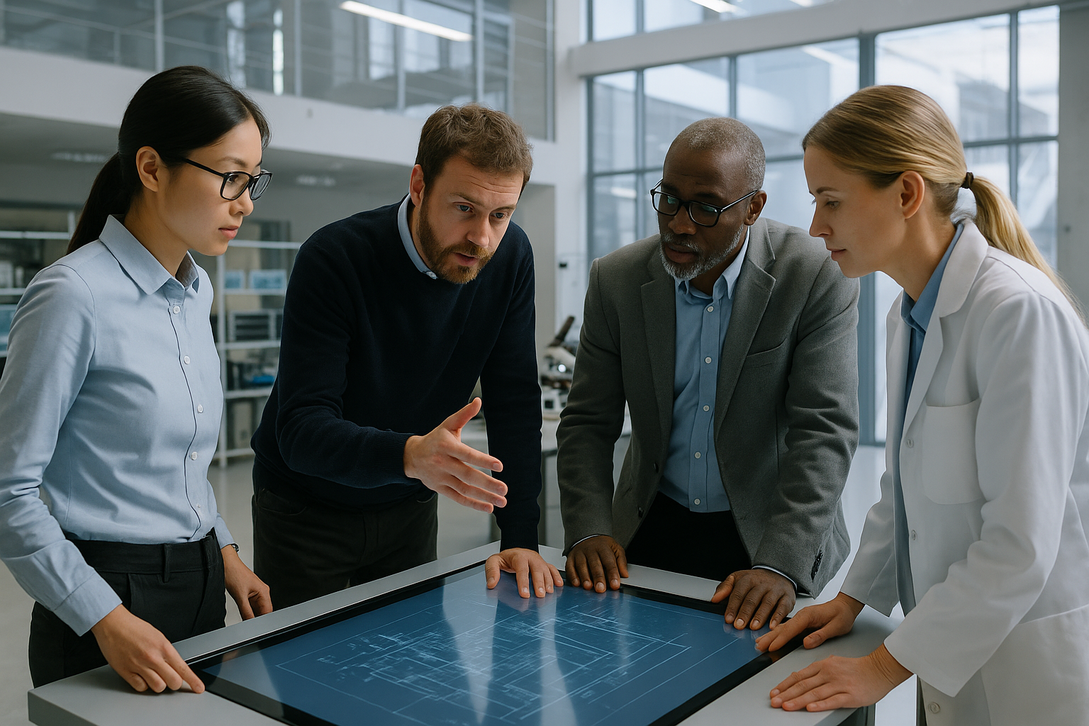 Coworkers looking at blueprints.